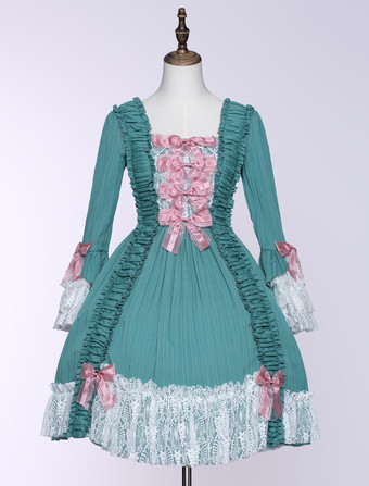 Vestido lolita verde estilo rococó vintage clásico de Lolitashow con lazos y encaje rosas