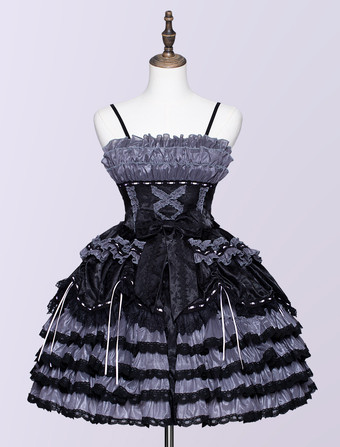 Lolitashow JSK Gothic Lolita Dresses Lace Up Ruffles Color Block Gray