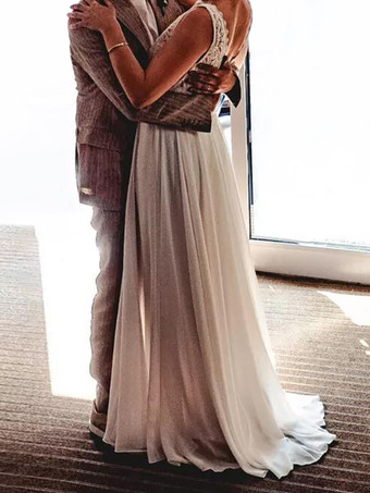 アイボリー ボヘミアン ウェディングドレス ポリエステル レース Aライン トレーン バックレス ノースリーブ Vネック ブライダルドレス 自由なカスタマイズ