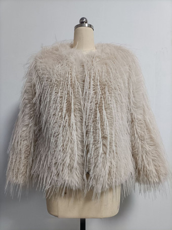 ライトグレーフリンジ付きフェイクファーコート ジュエルネック 環境に優しい女性用冬用ジャケット 2025