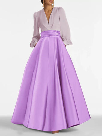 ラベンダーイブニングドレス Aライン Vネック フロアレングス 長袖 ジッパー プリーツ サテン生地 フォーマルパーティードレス