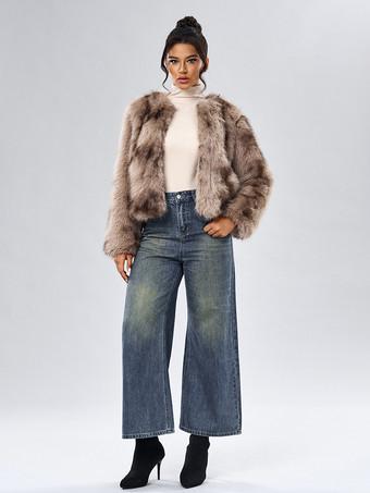 フェイクファーコート 長袖 カジュアル フェイクファージャケット ジュエルネック ホワイト レディースコート