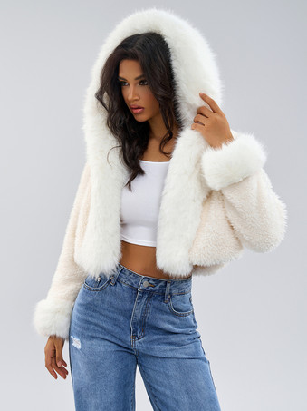 フード付きフェイクファーコート ホワイト 環境に優しい 冬用 レディークロップドジャケット 2025