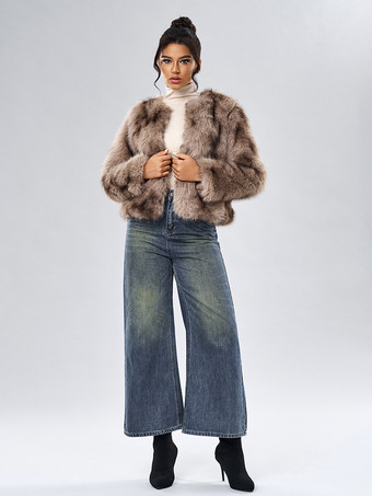 フェイクファーコート 長袖 カジュアル フェイクファージャケット ジュエルネック ホワイト レディースコート