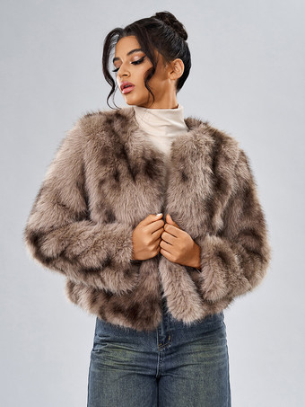 ブラウンフェイクファーコート 長袖 カジュアル フェイクファージャケット ジュエルネック ホワイト レディースコート