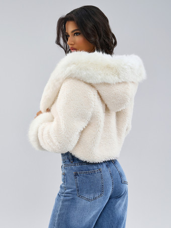 フード付きフェイクファーコート ホワイト 環境に優しい 冬用 レディークロップドジャケット 2025