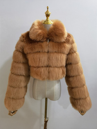 ラクダ色 豪華なフェイクファーコート ターンダウンカラー 冬用ショートジャケット レディース 2025