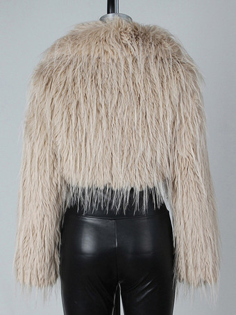 フリンジ付きフェイクファークロップドコート Vネック 冬ジャケット レディース 2025