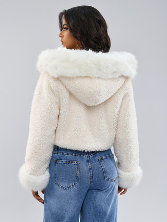 フード付きフェイクファーコート ホワイト 環境に優しい 冬用 レディークロップドジャケット 2025