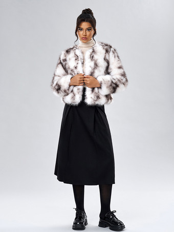 フェイクファーコート 長袖 カジュアル フェイクファージャケット ジュエルネック ホワイト レディースコート