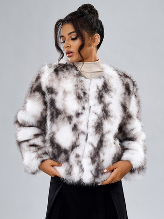 ホワイト フェイクファーコート 長袖 カジュアル フェイクファージャケット ジュエルネック ホワイト レディースコート