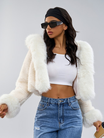 フード付きフェイクファーコート ホワイト 環境に優しい 冬用 レディークロップドジャケット 2025