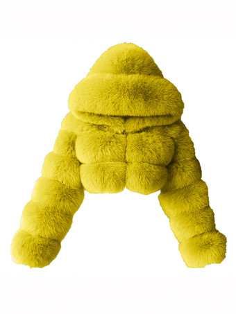 イエローフード付きホワイトフェイクファージャケット ホットガールズショートコート 冬アウター レディース 2025