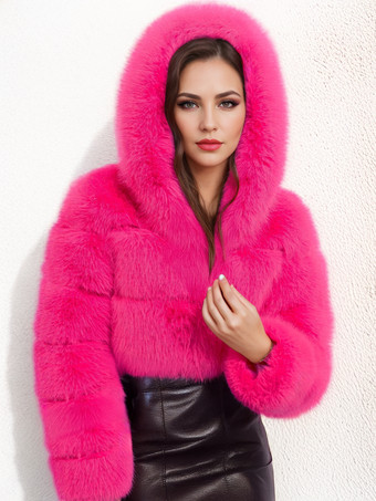 ローズレッドフード付きホワイトフェイクファージャケット ホットガールズショートコート 冬アウター レディース 2025