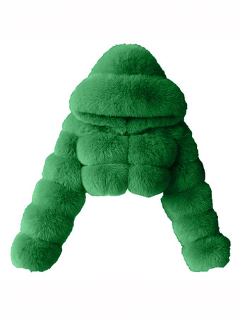 グリーン フード付きホワイトフェイクファージャケット ホットガールズショートコート 冬アウター レディース 2025