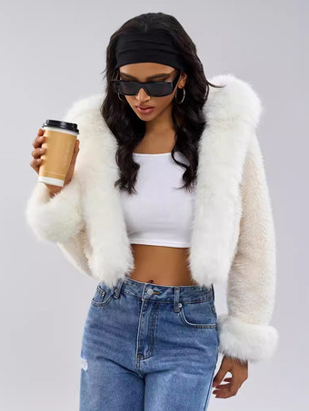 フード付きフェイクファーコート ホワイト 環境に優しい 冬用 レディークロップドジャケット 2025