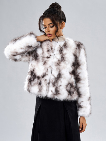 フェイクファーコート 長袖 カジュアル フェイクファージャケット ジュエルネック ホワイト レディースコート