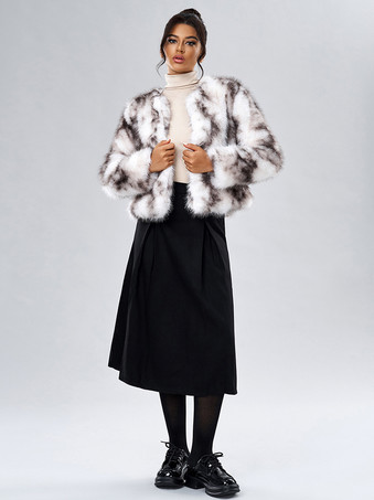 フェイクファーコート 長袖 カジュアル フェイクファージャケット ジュエルネック ホワイト レディースコート