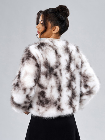 フェイクファーコート 長袖 カジュアル フェイクファージャケット ジュエルネック ホワイト レディースコート