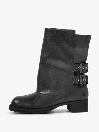 ブラック レディース ブラック バックル ブーティ ラウンドトゥ チャンキーヒール アンクルブーツ