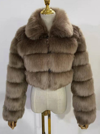 カーキ 豪華なフェイクファーコート ターンダウンカラー 冬用ショートジャケット レディース 2025