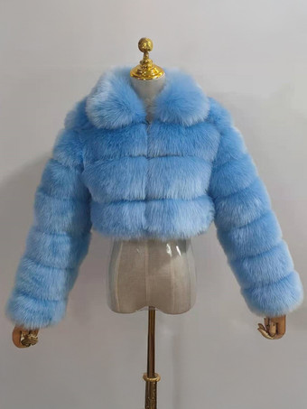ライトスカイブルー豪華なフェイクファーコート ターンダウンカラー 冬用ショートジャケット レディース 2025