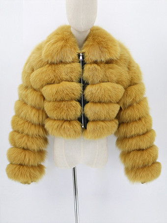 イエロー豪華なフェイクファーコート ターンダウンカラー 冬用ショートジャケット レディース 2025