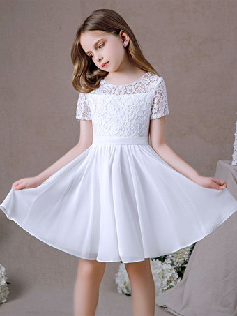 ホワイトフラワーガールドレスレースレースジュエルネック半袖アイボリー