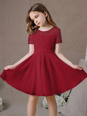 バーガンディーフラワーガールドレスレースレースジュエルネック半袖アイボリー