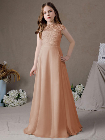 サーモンピンクフラワーガールドレスレースレースジュエルネック半袖アイボリー