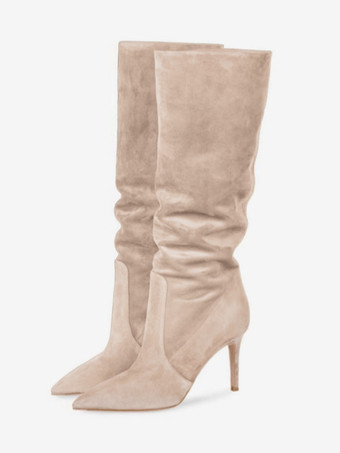 ディープアプリコットスエード スラウチ ブーツ ブラウン ポインテッドトゥ スティレットヒール ミッドカーフ ブーツ