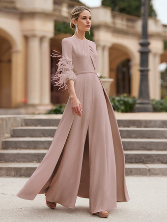 ピンクマザードレス デザインネックライン 3/4 丈スリーブ ジャンプスーツ ビーズ付き ウェディングゲストドレス