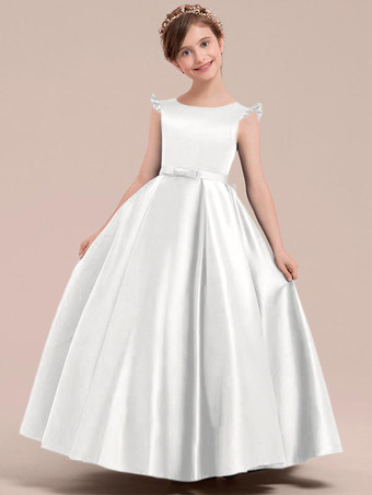 アイボリーフラワーガールドレス ダークネイビー サテン生地 ノースリーブ ジュエルネック フラワーガールドレス