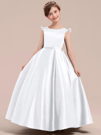 ホワイト フラワーガールドレス ダークネイビー サテン生地 ノースリーブ ジュエルネック フラワーガールドレス