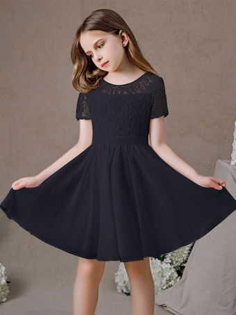 ダークネイビーフラワーガールドレスレースレースジュエルネック半袖アイボリー