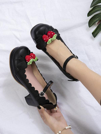 ブラック 甘いロリータシューズイチゴPUレザーチャンキーヒールロリータシューズ