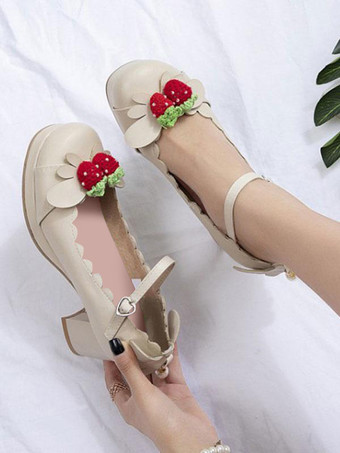 アイボリー 甘いロリータシューズイチゴPUレザーチャンキーヒールロリータシューズ