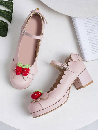 甘いロリータシューズイチゴPUレザーチャンキーヒールロリータシューズ