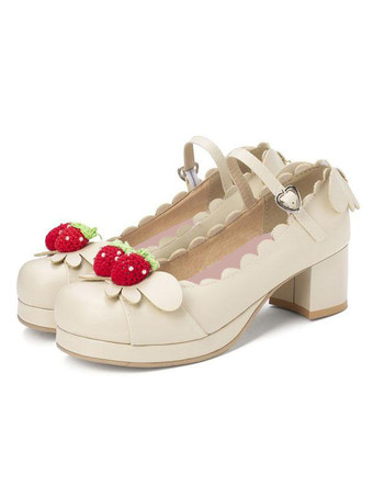 甘いロリータシューズイチゴPUレザーチャンキーヒールロリータシューズ