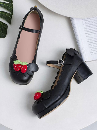 甘いロリータシューズイチゴPUレザーチャンキーヒールロリータシューズ