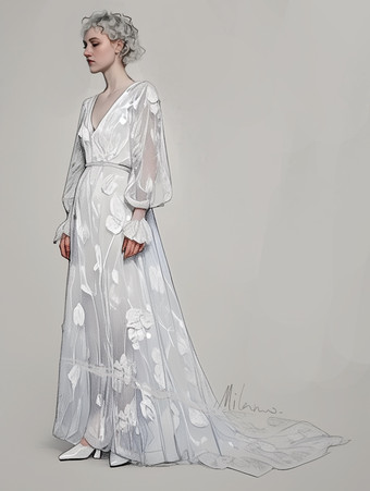 ボヘミアンウェディングドレス ポリエステル レース Aライン トレーン付き ナチュラルウエスト バックレス 長袖 Vネック アイボリー