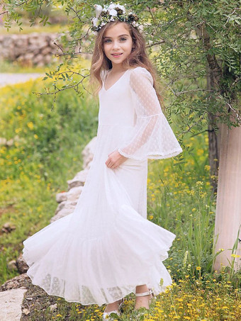 ホワイトホワイト ボヘミアン レース フラワーガール ドレス Vネック 長袖 フロアレングス Aライン 子供用 社交パーティードレス