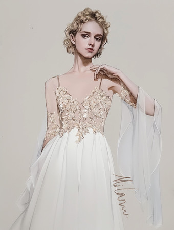 ボヘミアンウェディングドレス ポリエステル レース Aライン トレーン付き ナチュラルウエスト スパゲッティストラップ ジッパー 長袖 デザインネックライン アイボリー