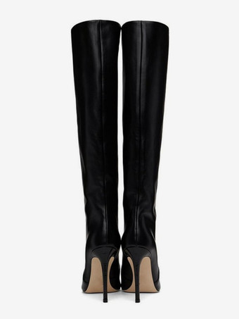 女性用ブラック ブーツ PU レザー ポインテッドトゥ スティレット ハイヒール ニーハイ ブーツ