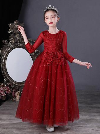 バーガンディーフラワーガールドレスホワイトジュエルネック3/4レングススリーブチュールポリエステルレース刺繡フォーマルキッズページェントドレス