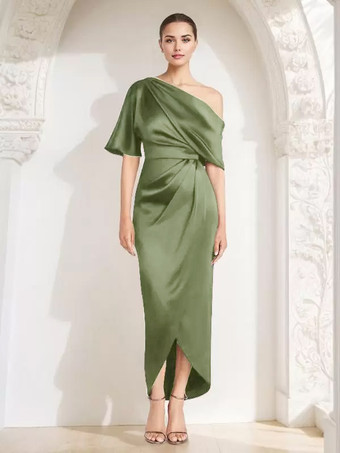 オリーブグリーンマザードレス ワンショルダー ハーフスリーブ プリーツ シース ゲストドレス 結婚式用