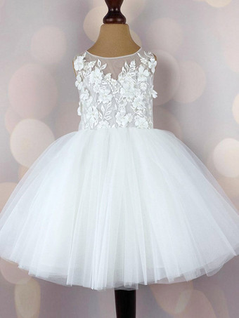 ホワイトフラワーガールドレスレースボウジュエルネックノースリーブアイボリー