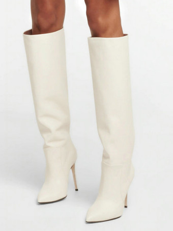 女性用ブラック ブーツ PU レザー ポインテッドトゥ スティレット ハイヒール ニーハイ ブーツ