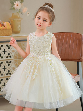 シャンパンフラワーガールドレスホワイトジュエルネックポリエステルコットンノースリーブ膝丈Aライン刺繍フォーマルキッズページェントドレス