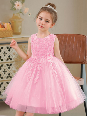 カメオピンクフラワーガールドレスホワイトジュエルネックポリエステルコットンノースリーブ膝丈Aライン刺繍フォーマルキッズページェントドレス